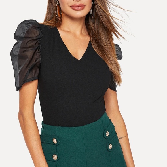 Sheer Mesh Puff Sleeve Bodycon Top - Picture 2 of 5